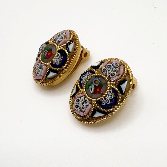 Vintage 1950s-1960s Italian Micro Mosaic Oval Clip on Earrings - Picture 2 of 4